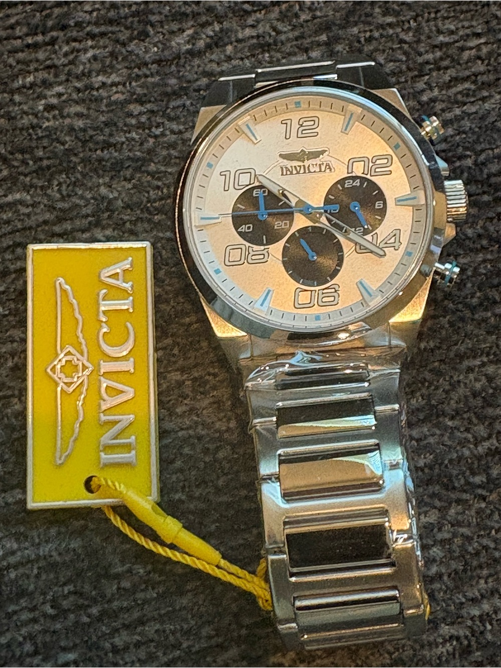 Invicta Silver Stainless Steel Chronograph Watch with Blue Accents